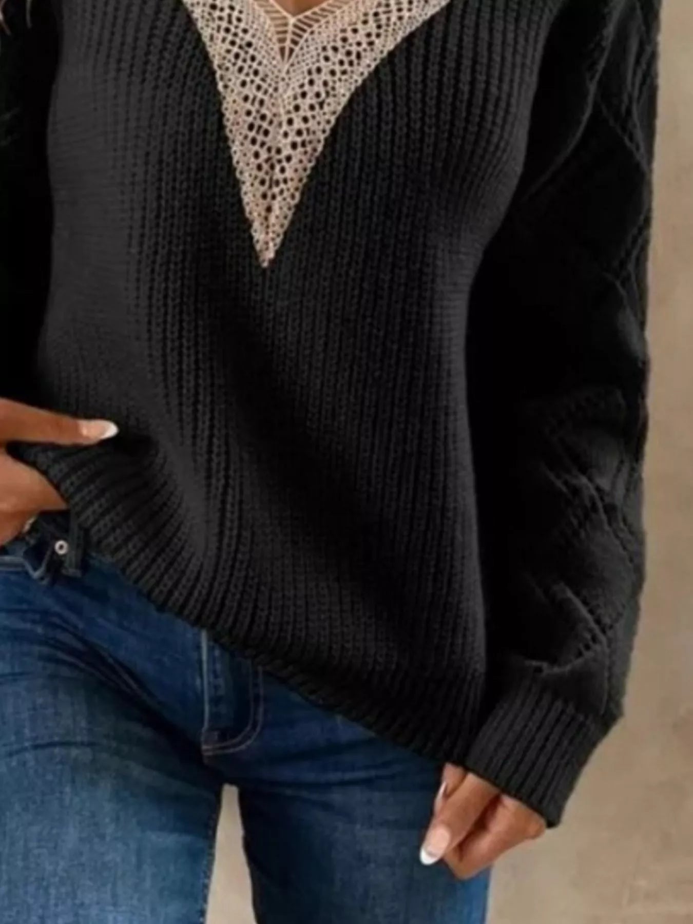 Openwork V-Neck Long Sleeve Sweater - -