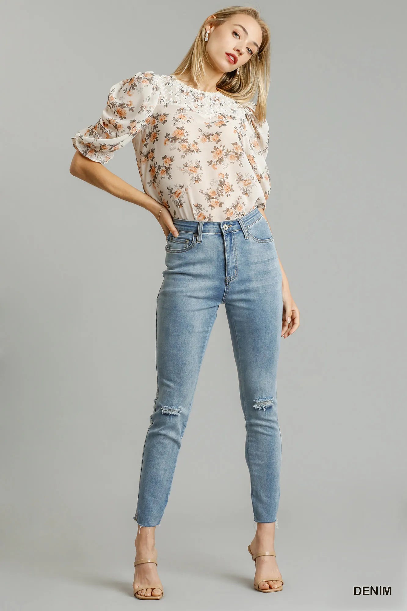 Umgee 5-Pockets Distressed Detail Stretch Denim Skinny Jeans with Unfinished Hem- Shopimist- {{Product type}}