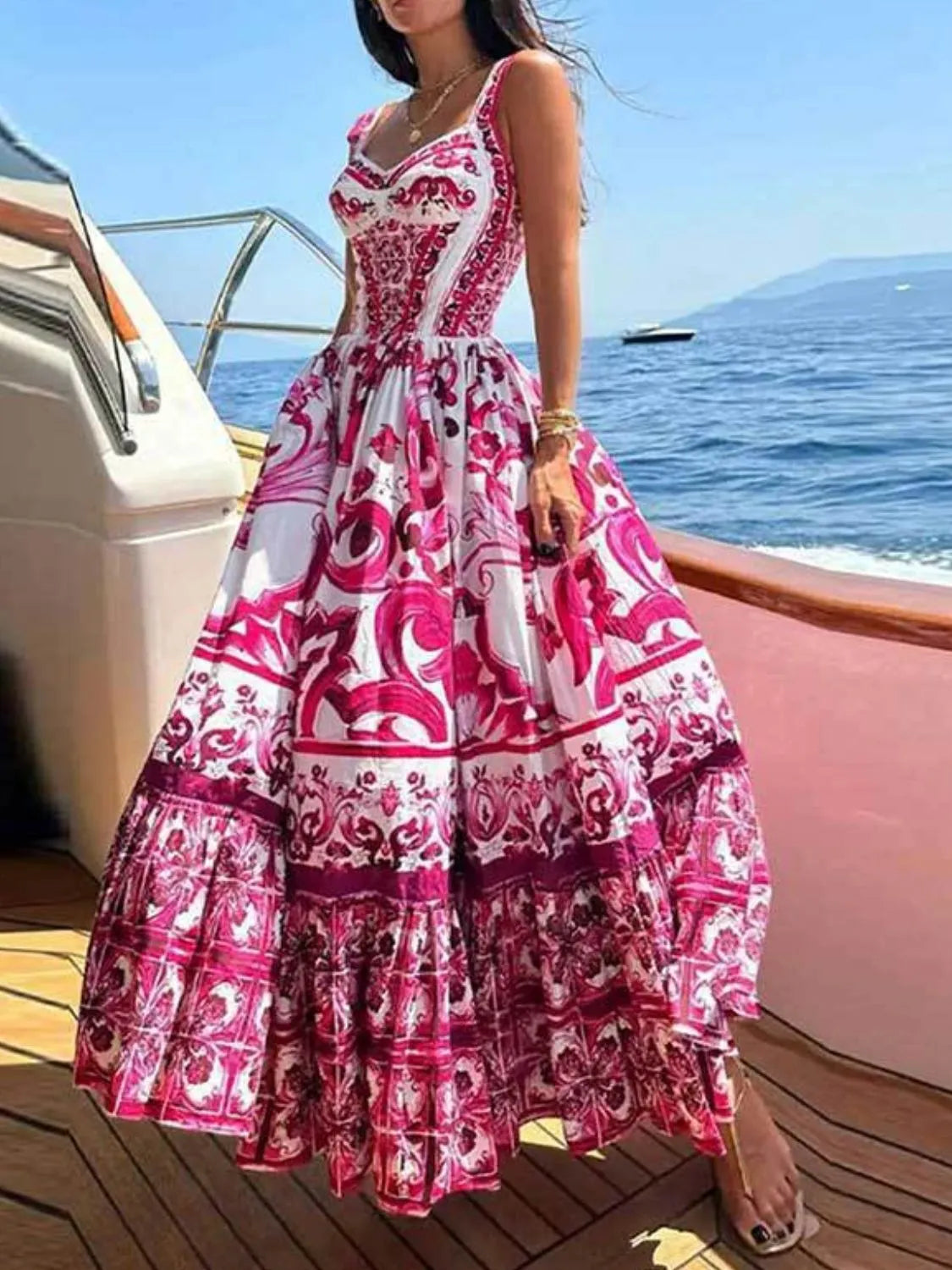 Smocked Printed Wide Strap Dress - Red-Violet -