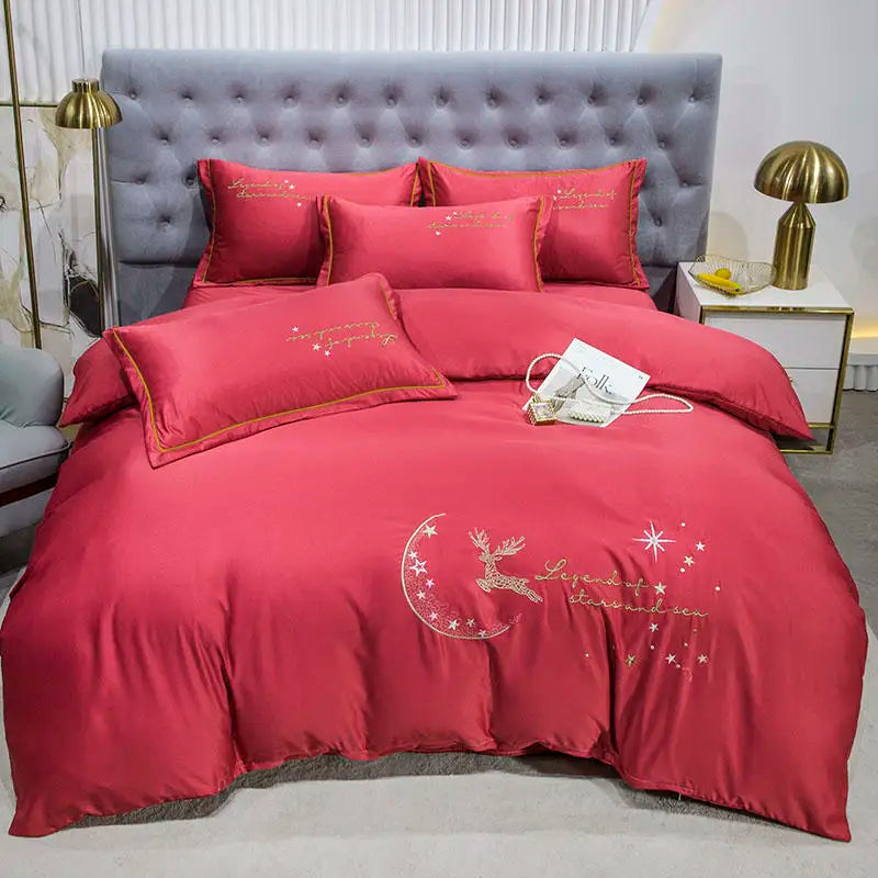 Organic Embroidered 4pcs Silky Satin Bedding Set