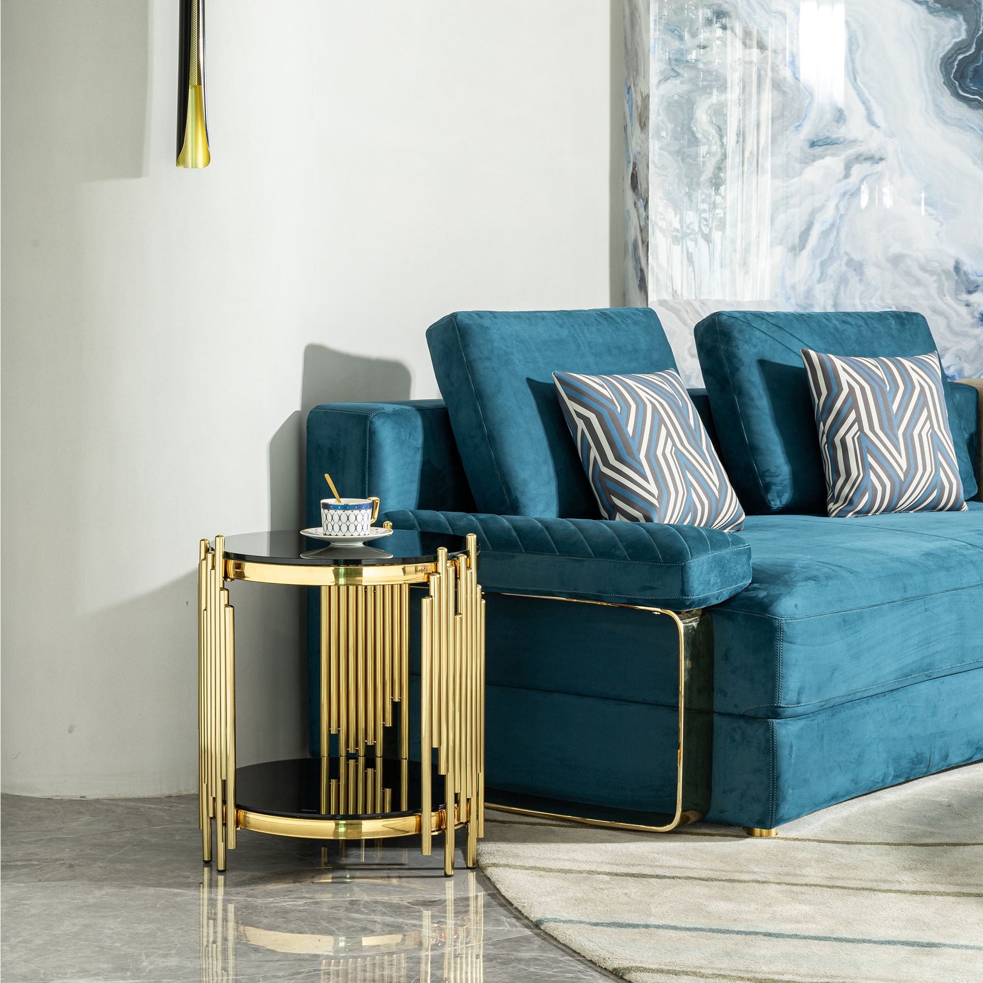 Elegant Round Table With Double Layer Tempered Glass Top And Stainless Steel Frame For Living Room - - Side Tables