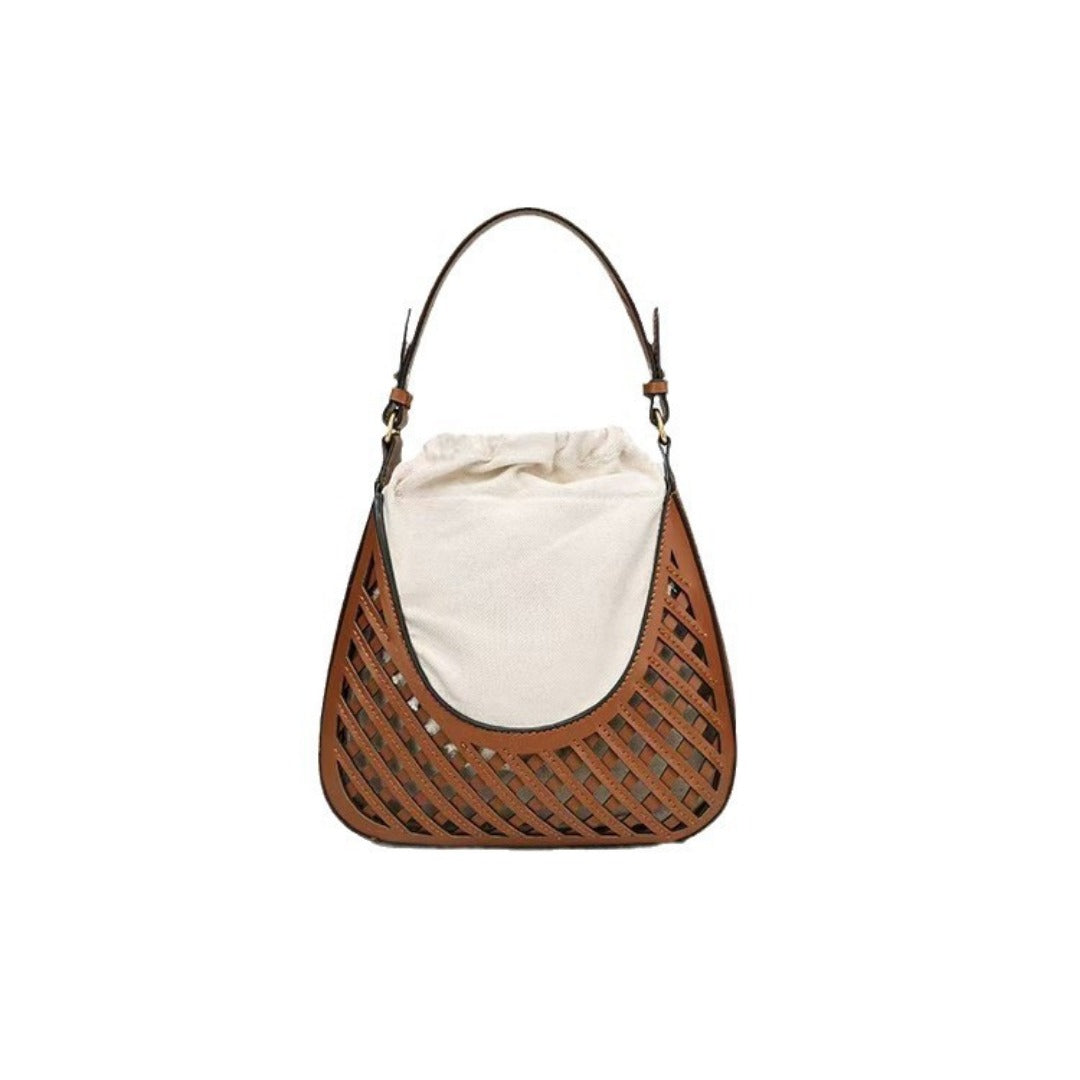 Elegant Brown Shoulder Bucket Bag - Stylish Vintage Knitted Tote & Practical Small Crossbody Bag hobo - -