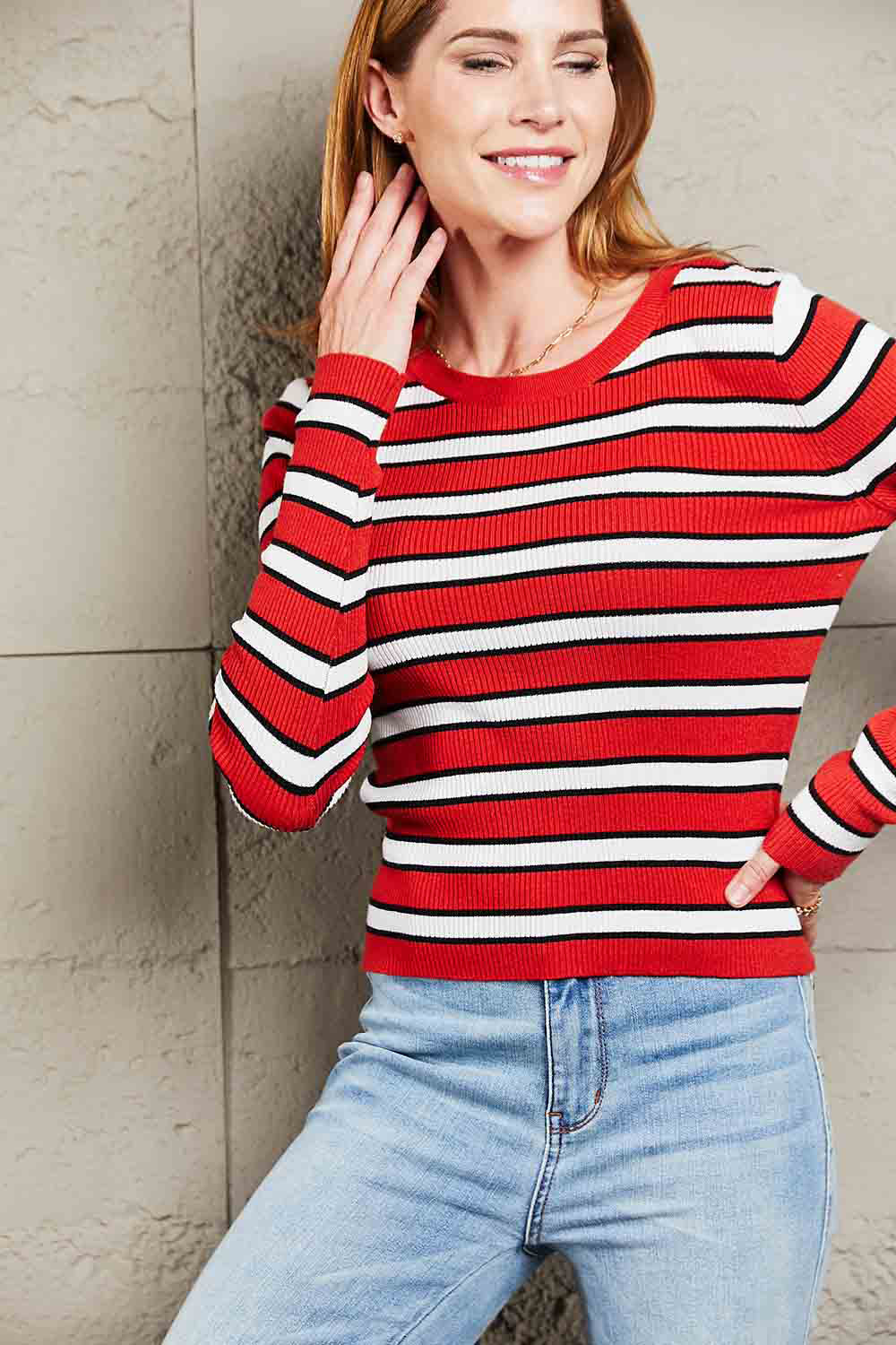 Striped Round Neck Long Sleeve Top - -
