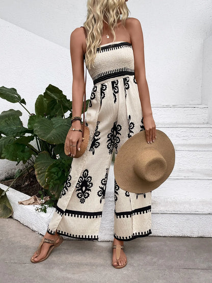 Smocked Printed Wide Leg Jumpsuit - -