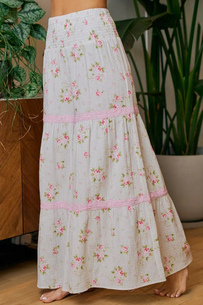 BiBi Rose Printed Gauze Trim Detail Smocked Maxi Pants - -