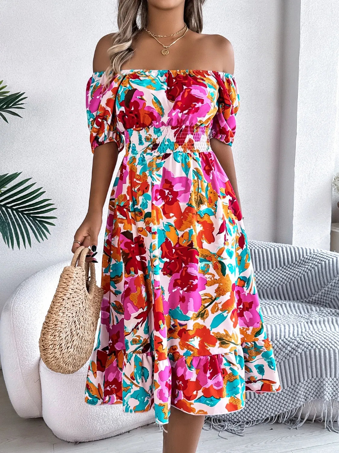Ruffled Hem Smocked Floral Short Sleeve Midi Dress - -