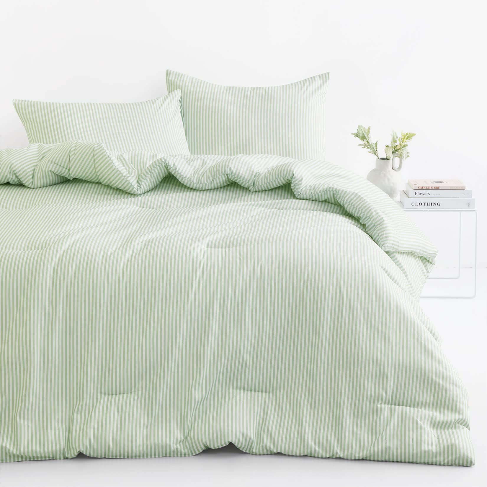 Sage Pinstripe Comforter Set – 3 Piece Full Size Bedding - - blanket set