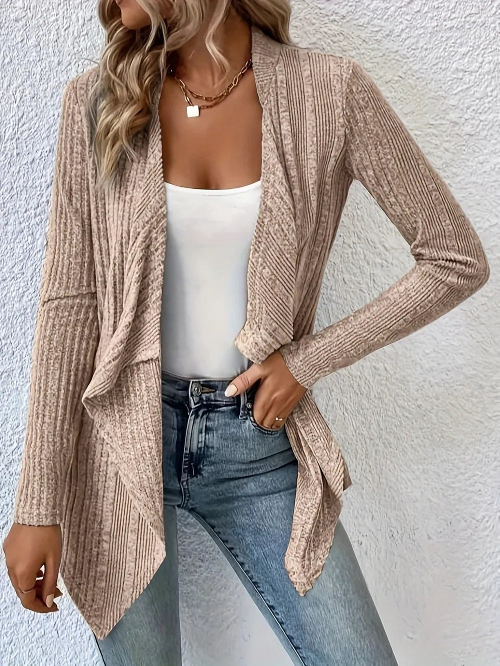 Open Front Long Sleeve Cardigan - Khaki -