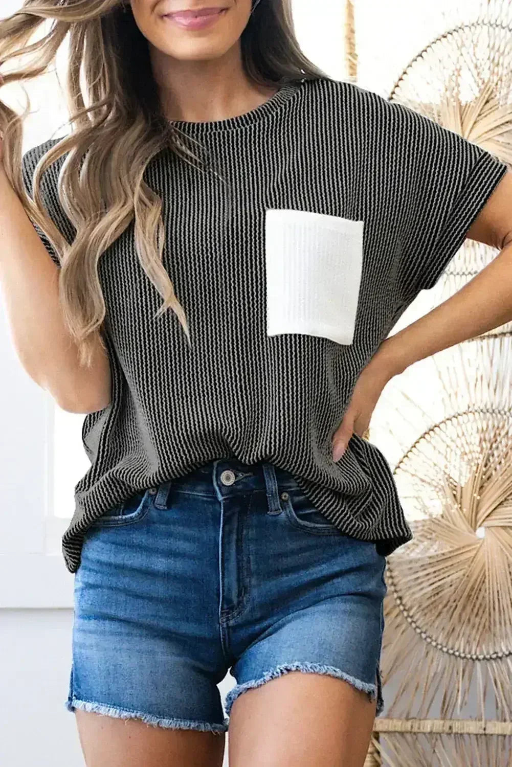 Pink Corded Colorblock Pocket Crew Neck T Shirt - - T Shirts