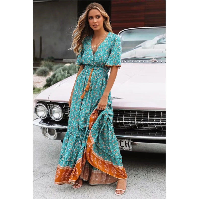 Large Swing V-Neck Dress Lace-Up Print Long Dress Women