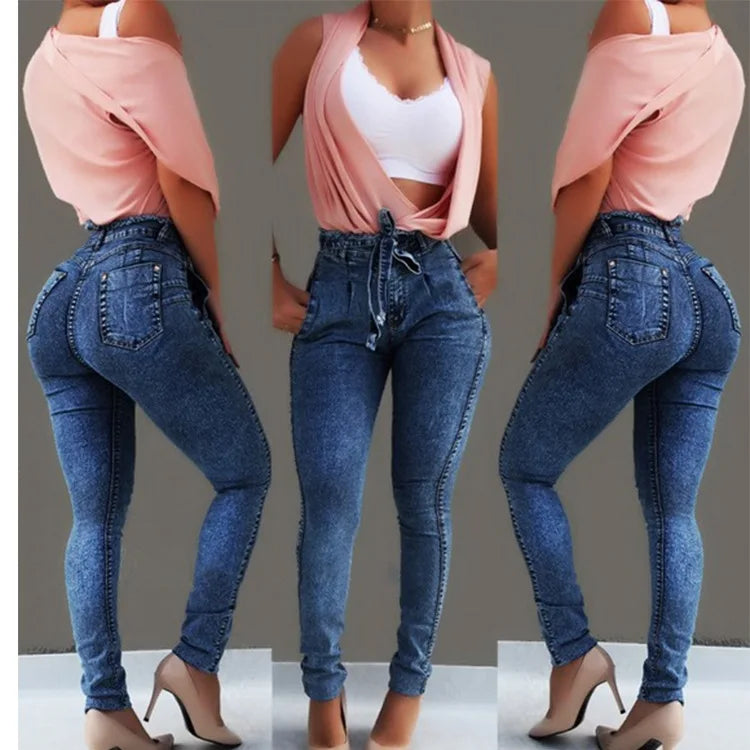 Denim Jeans Solid Color High Waist Long Pencil Pants Slim Jeans