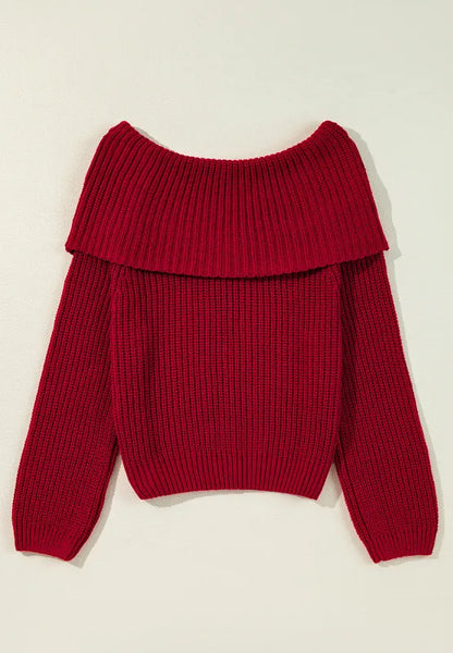 Off-Shoulder Long Sleeve Sweater - -