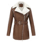 Long Sleeved Plush Leather Jacket Double Turn- Down Necked Zipper and Waistband brown