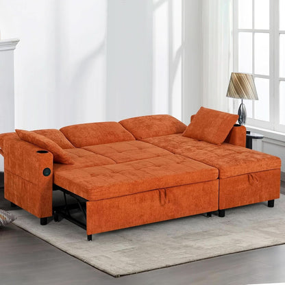 84Inches BrightOrange Chenille Pullout Sofa Bed USBPort- ShipItFurniture- {{Product type}}