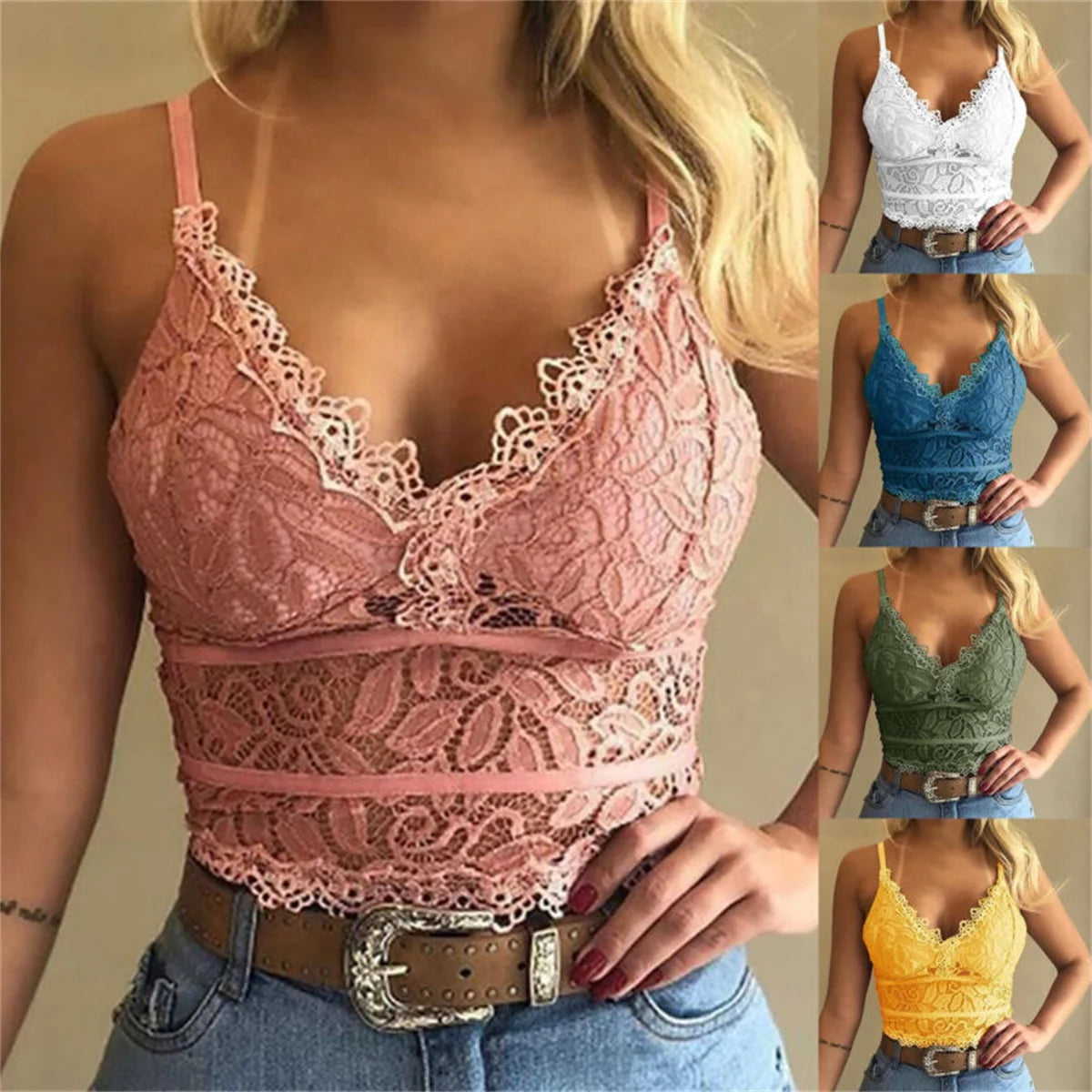 Women's Lace Floral Cami Top Plunge Crop Top Adjustible Straps