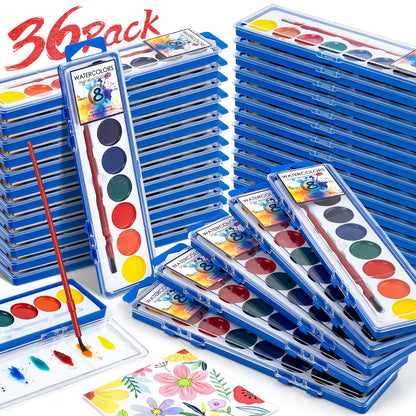 36-Box Watercolor Classroom Set - 8 Vivid Colors with Brushes - - watercolors