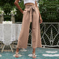 Solid Slant Pocket Belted Pant Women Trousers High Waist Casual Wide Leg Pants light beige