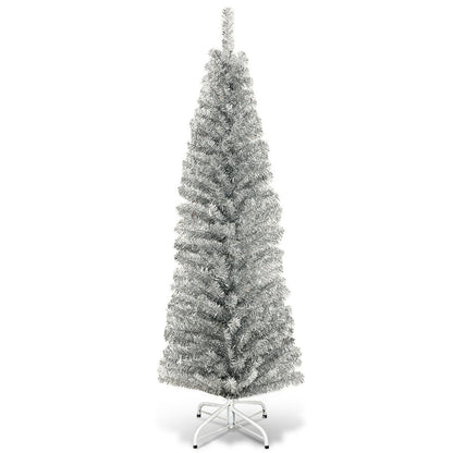 6 Feet Tinsel Tree Unlit Slim Pencil Christmas Tree - Silver -