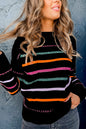 Black Colorful Striped Ribbed Trim Sweater - Black 42%Acrylic+30%Polyester+28%Polyamide - Sweaters & Cardigans/Sweaters