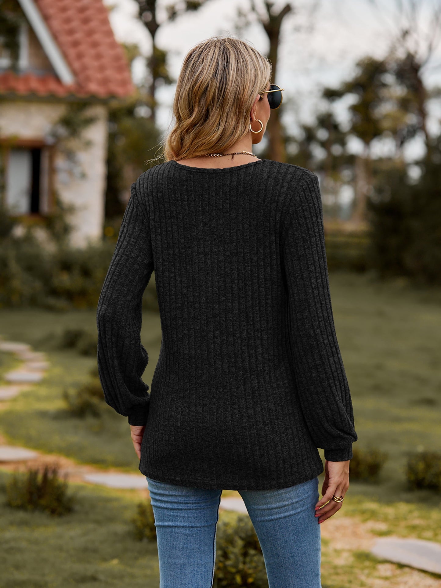 Round Neck Button-Down Long Sleeve Tee - -