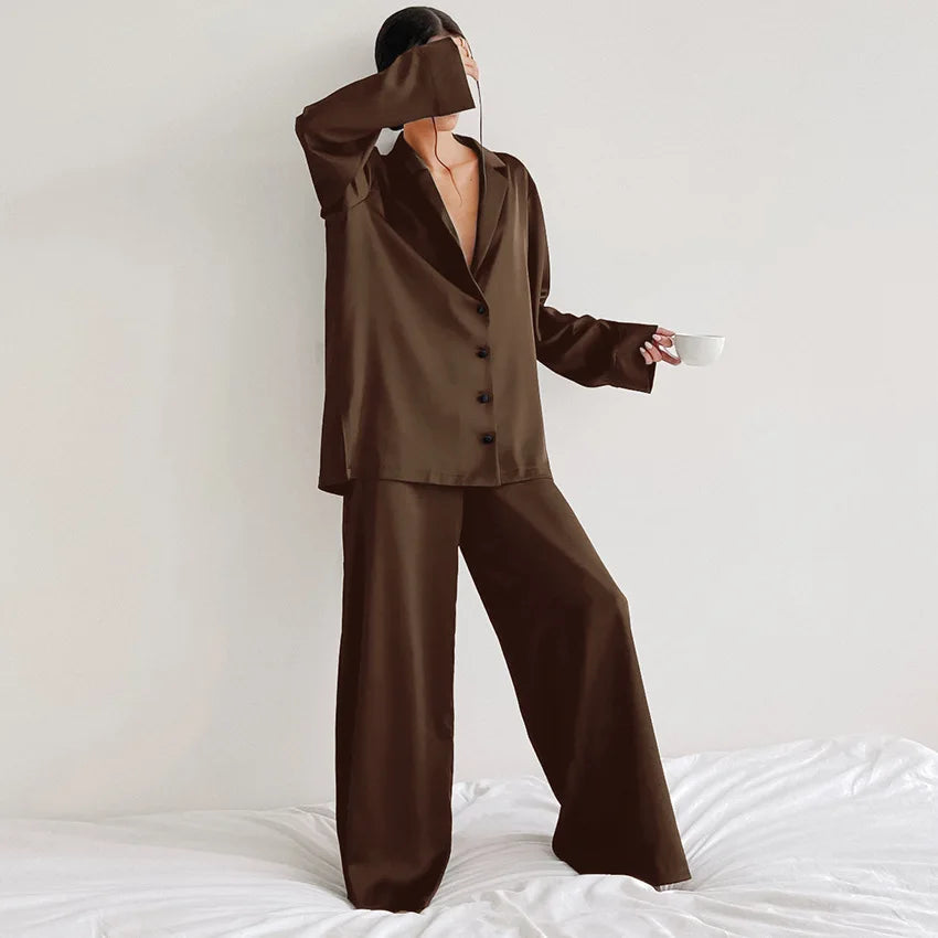 Oversized Satin Low Cut Pajama Single-Breasted Long Sleeve Wide Leg Pants