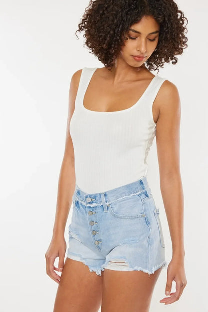Kancan Distressed Button Fly Denim Shorts - -