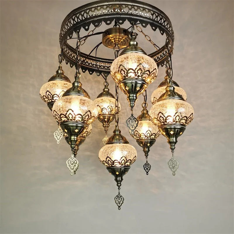 Moroccan Arabian Mosaic 9 Lights Pendant Lamp Kit Bronze Clear Crackle Glass