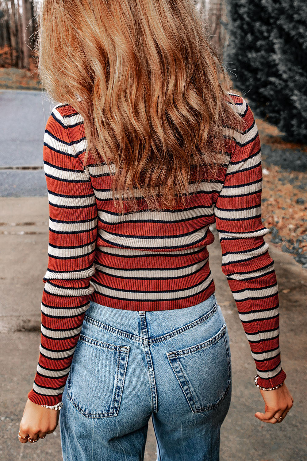 Striped Round Neck Long Sleeve Top - -