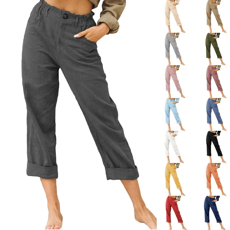 Cotton Linen Women's Long Pants Pockets Button Loose Pants