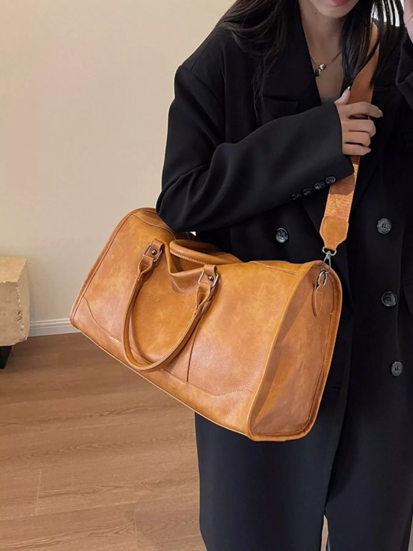 Vintage Leather Duffle Bag - -
