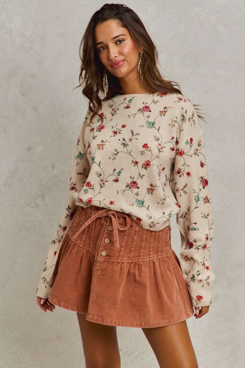 SO ME Mineral Wash Pintucked Corduroy Mini Flared Skirt - -