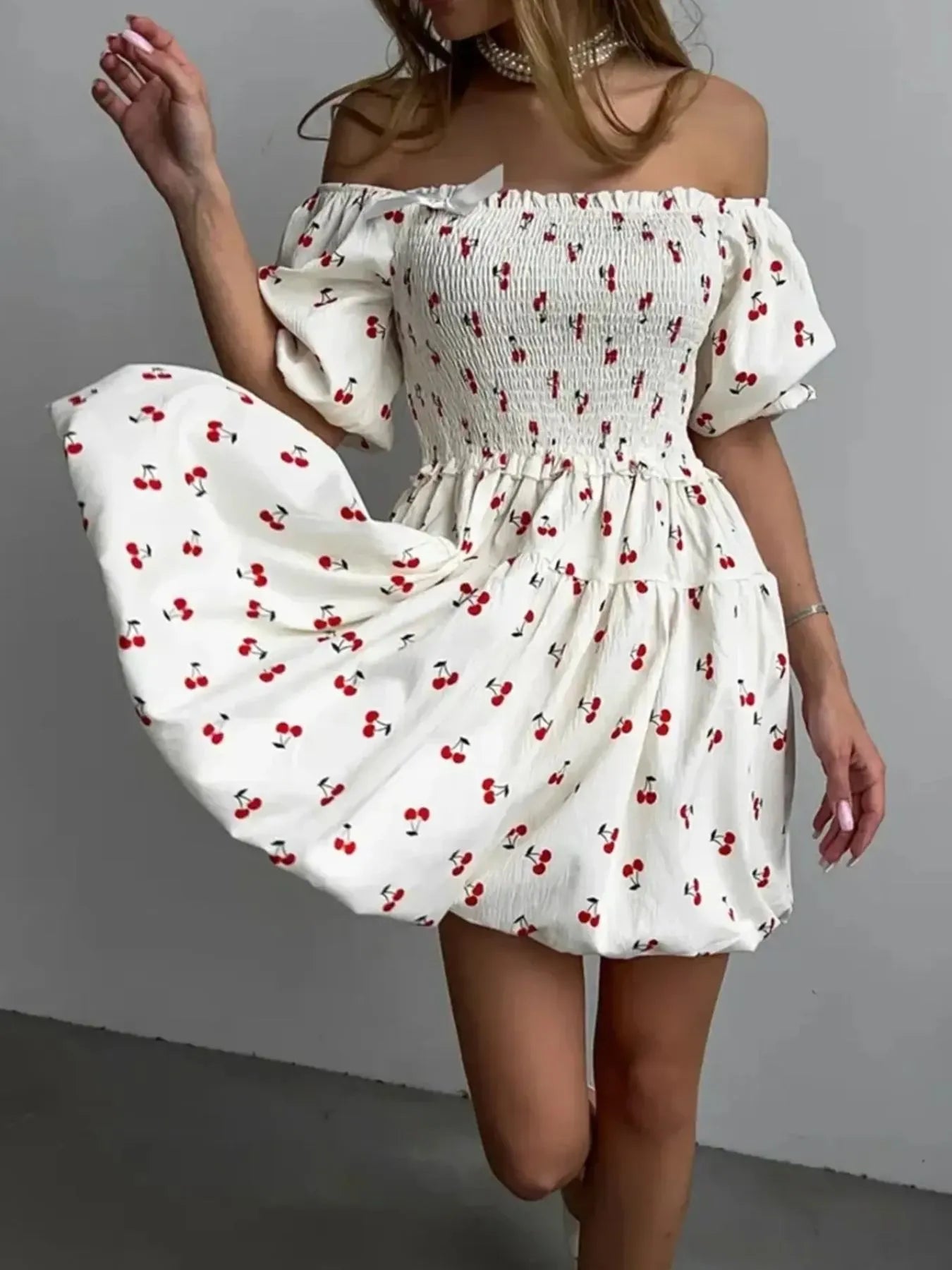 Puff Sleeve Cherry Print Smocked Mini Dress - White -