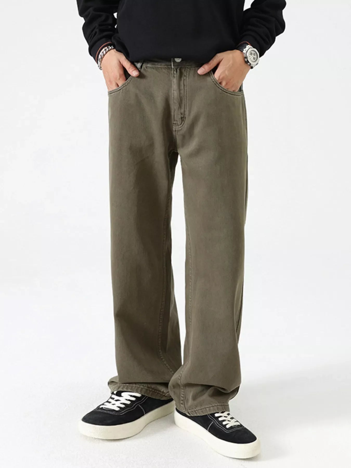 Men's Vintage Wash Wide Leg Jeans - Olive Green -