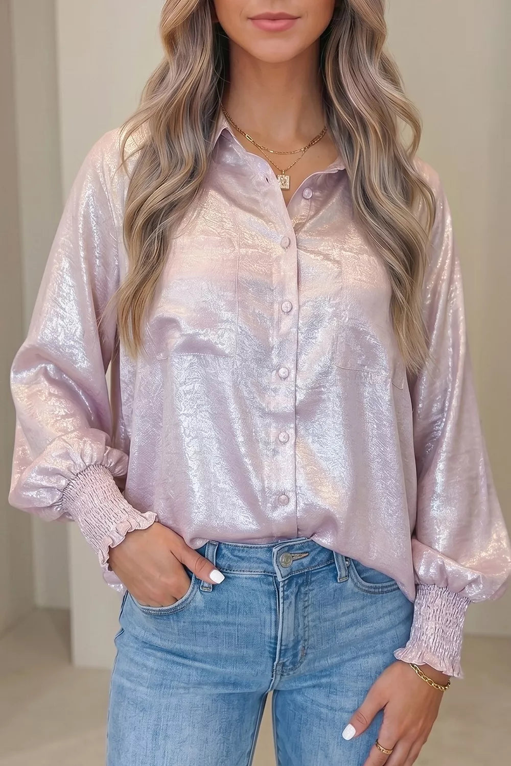 Long Sleeve Button Front Ruffle Cuffs Back Paneling Shirt - -
