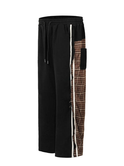 Men's Drawstring Patchwork Plaid Wide Leg Pants - -