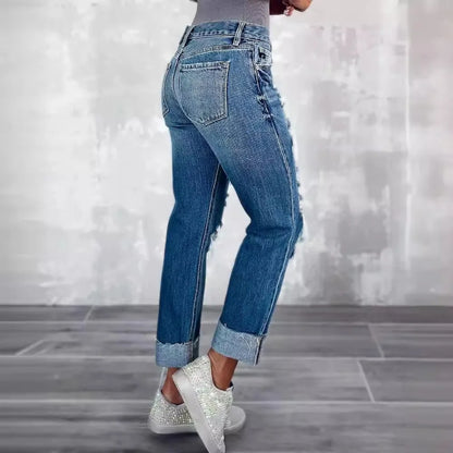 Women Casual Denim Long Pants Ladies Ripped Jeans