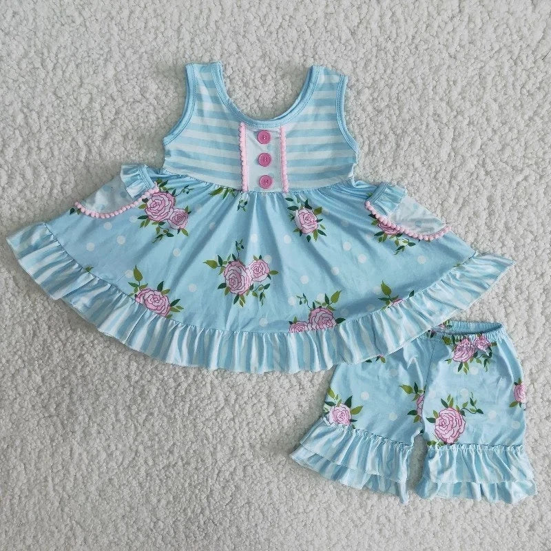 Flower Summer Pocket Ruffle Top and Shorts Set blue