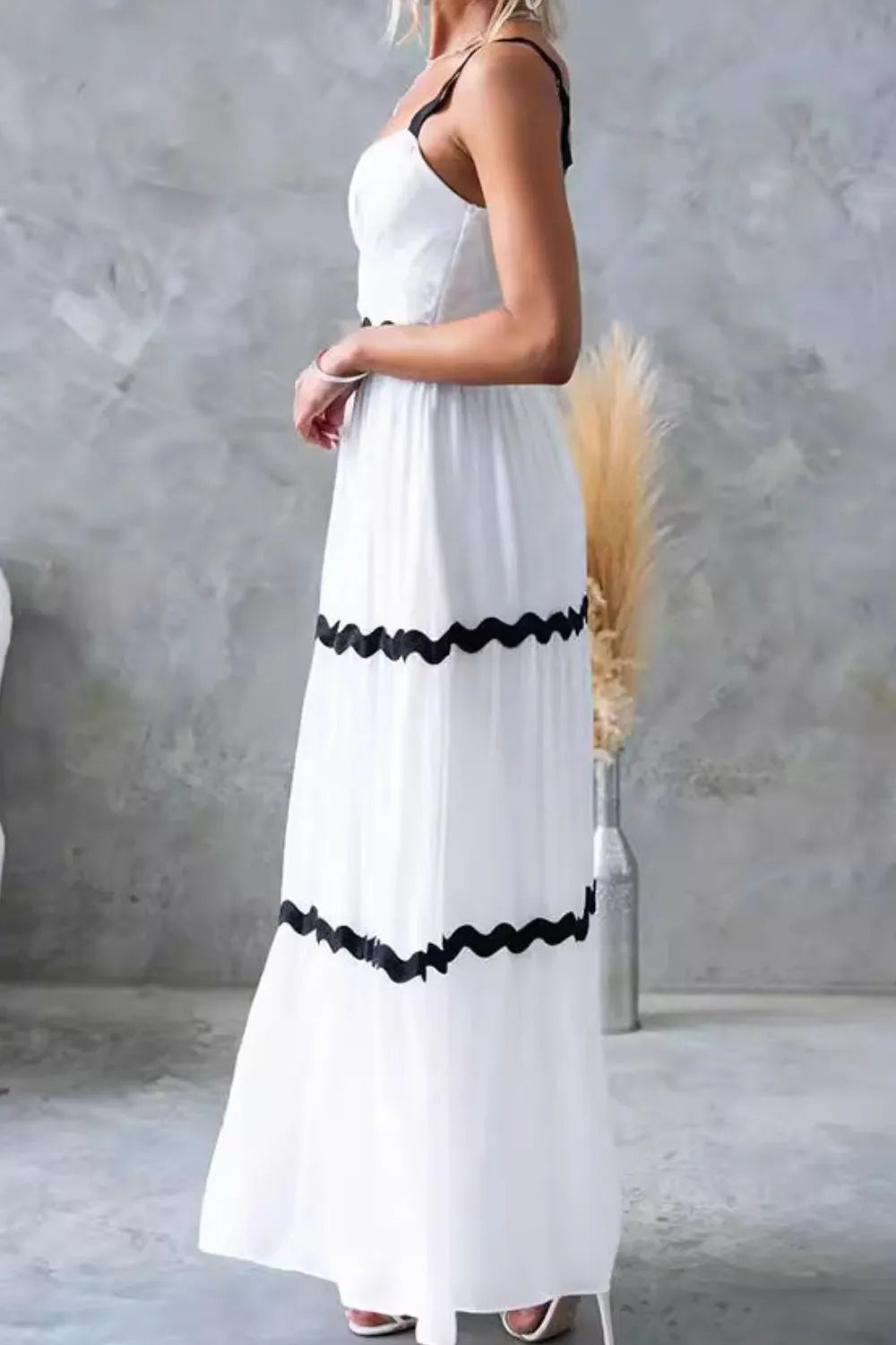 Tiered Maxi Dress with Scalloped Trim - -