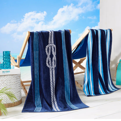 Cotton Velour Beach Towel - Maui Collection - 2 Pack- 30" x 60" Navy Royal Blue Knot & Stripe - Beach Towels