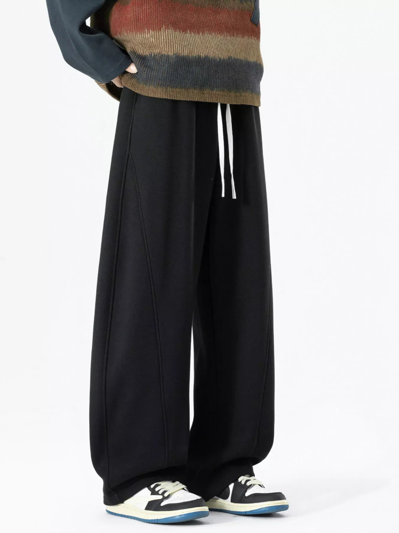 Men's Plus Size Loose Fit Drawstring Wide Leg Pants - Black -