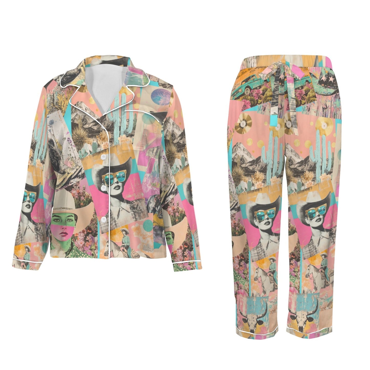 Baha Ranch Pop Western Collage Cowgirl Satin Pajamas - - Pajama Sets