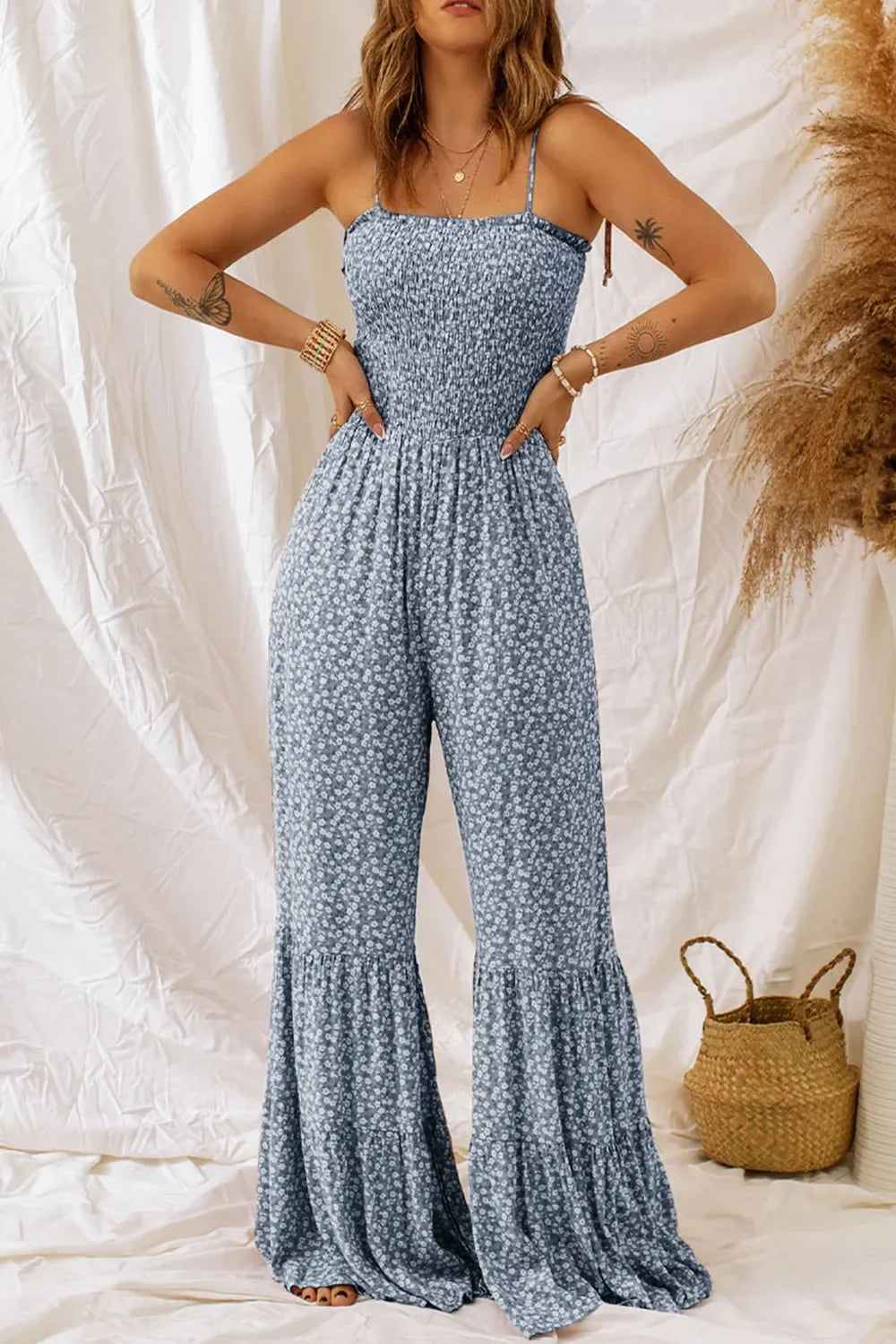 Smocked Printed Wide Strap Jumpsuit - Dark Blue -