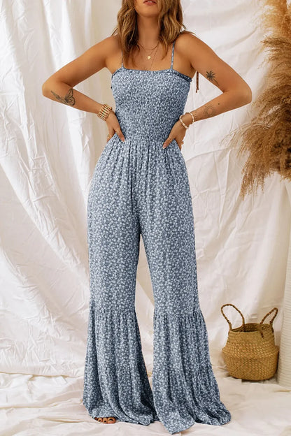 Smocked Printed Wide Strap Jumpsuit - Dark Blue -