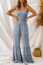 Smocked Printed Wide Strap Jumpsuit - Dark Blue -