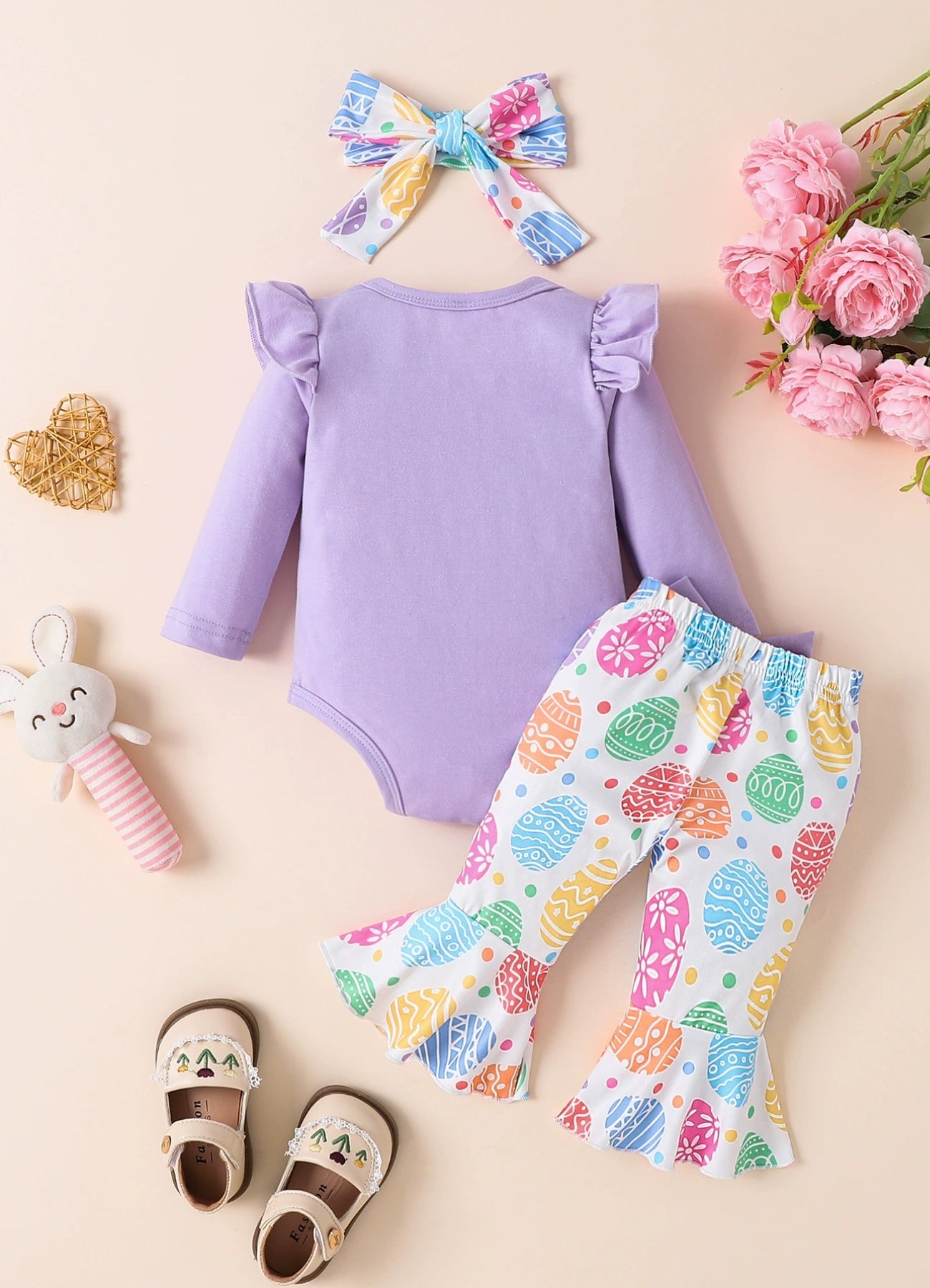 Children's Ruffled Bodysuit and Pants Set with Headband - -