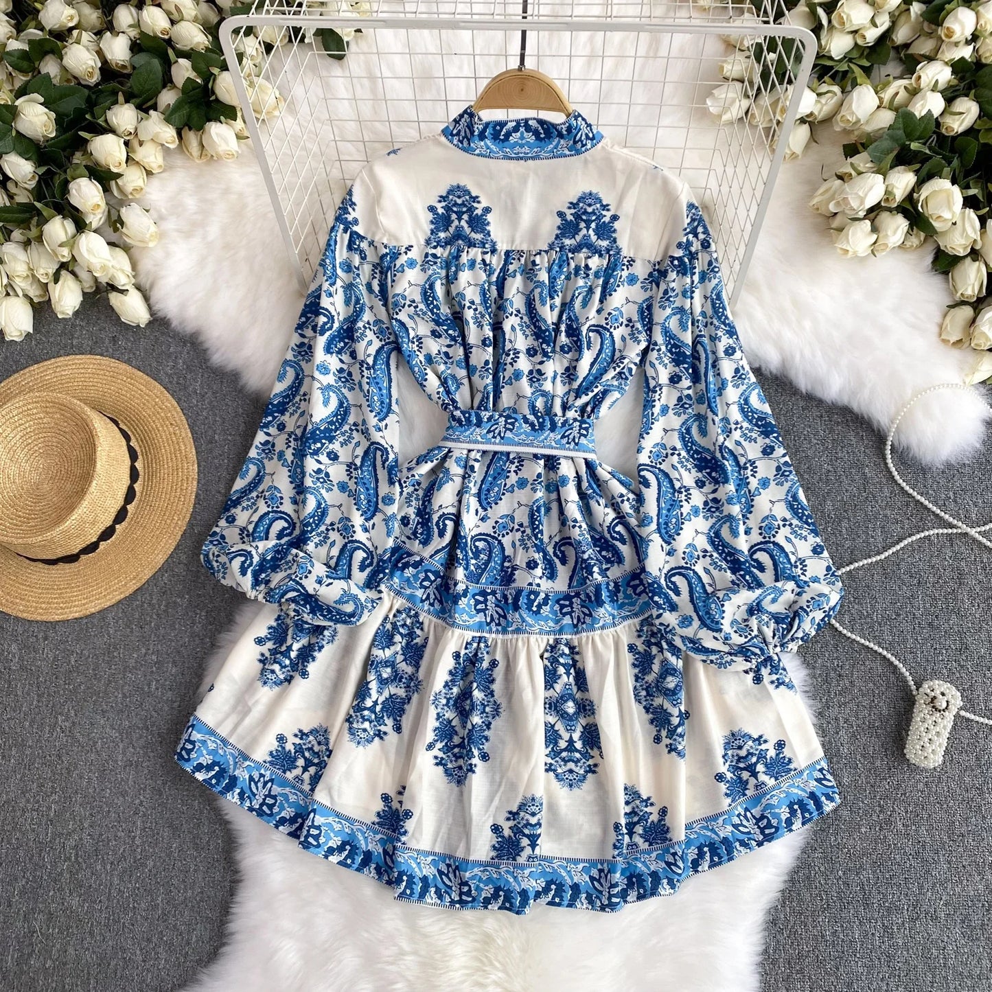 Retro Collar Lantern Sleeve Waisted Printed Ruffle Dresses