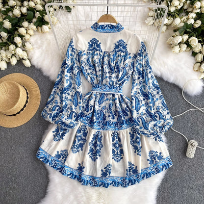 Retro Collar Lantern Sleeve Waisted Printed Ruffle Dresses