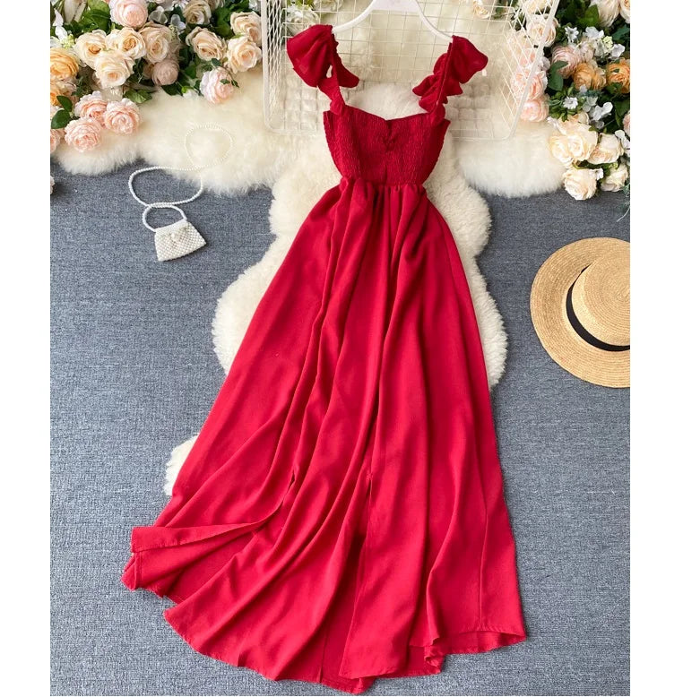 Women High Waist Elastic Slash Neck Women Long Dress Big Swing A-Line Slit Dress