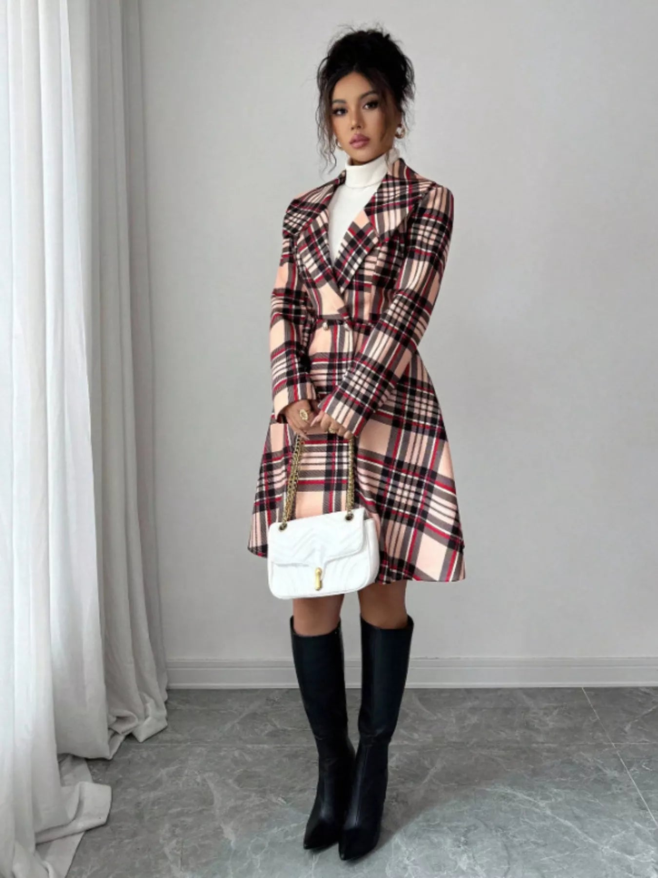 Plaid Button Up Long Sleeve Coat - -