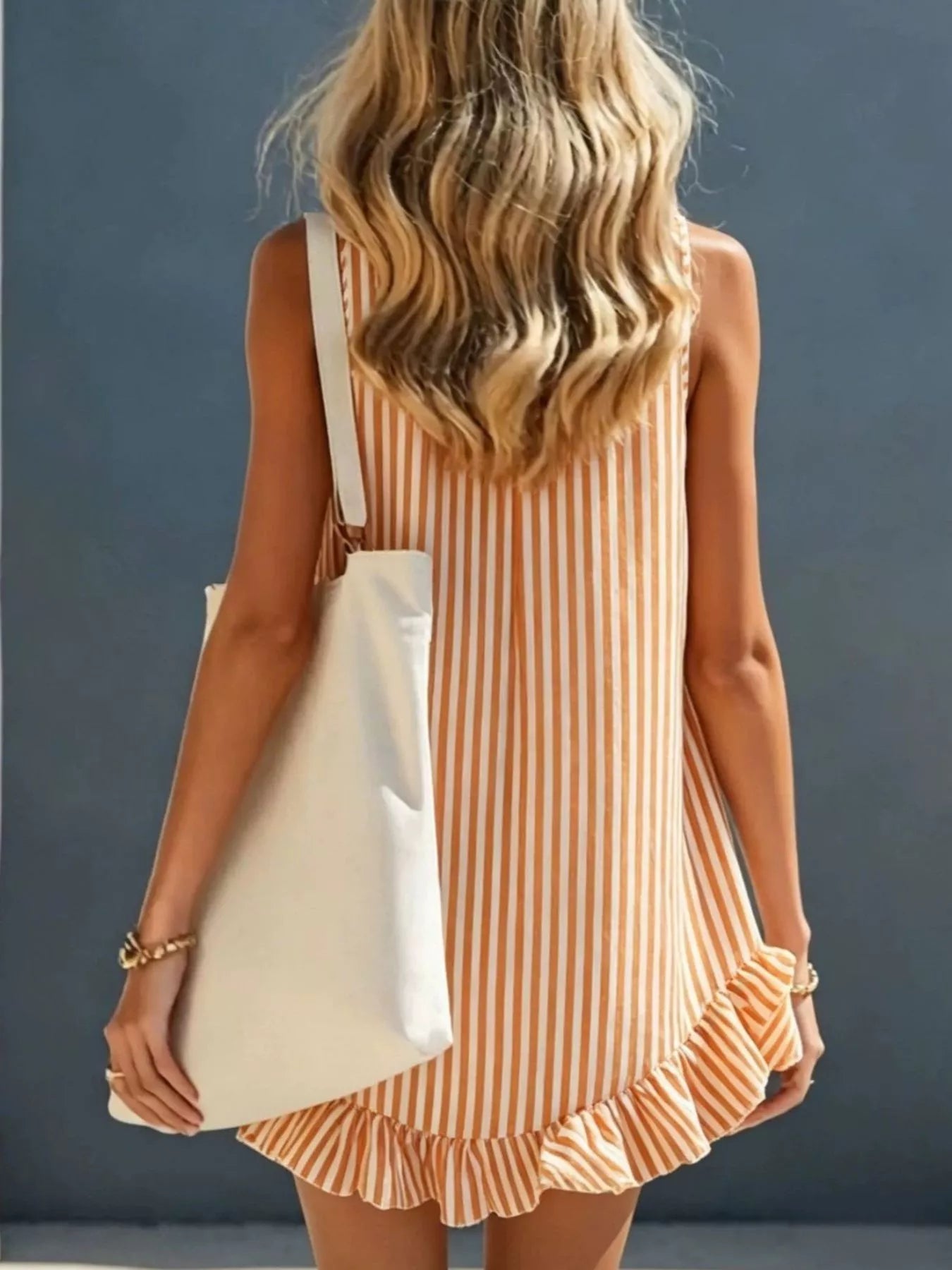Striped V-Neck Ruffle Hem Mini Dress - -